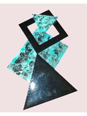 1980s Retro Abstract Geometric Brooch Pin Black  Teal Marbled Pattern Lightweigh